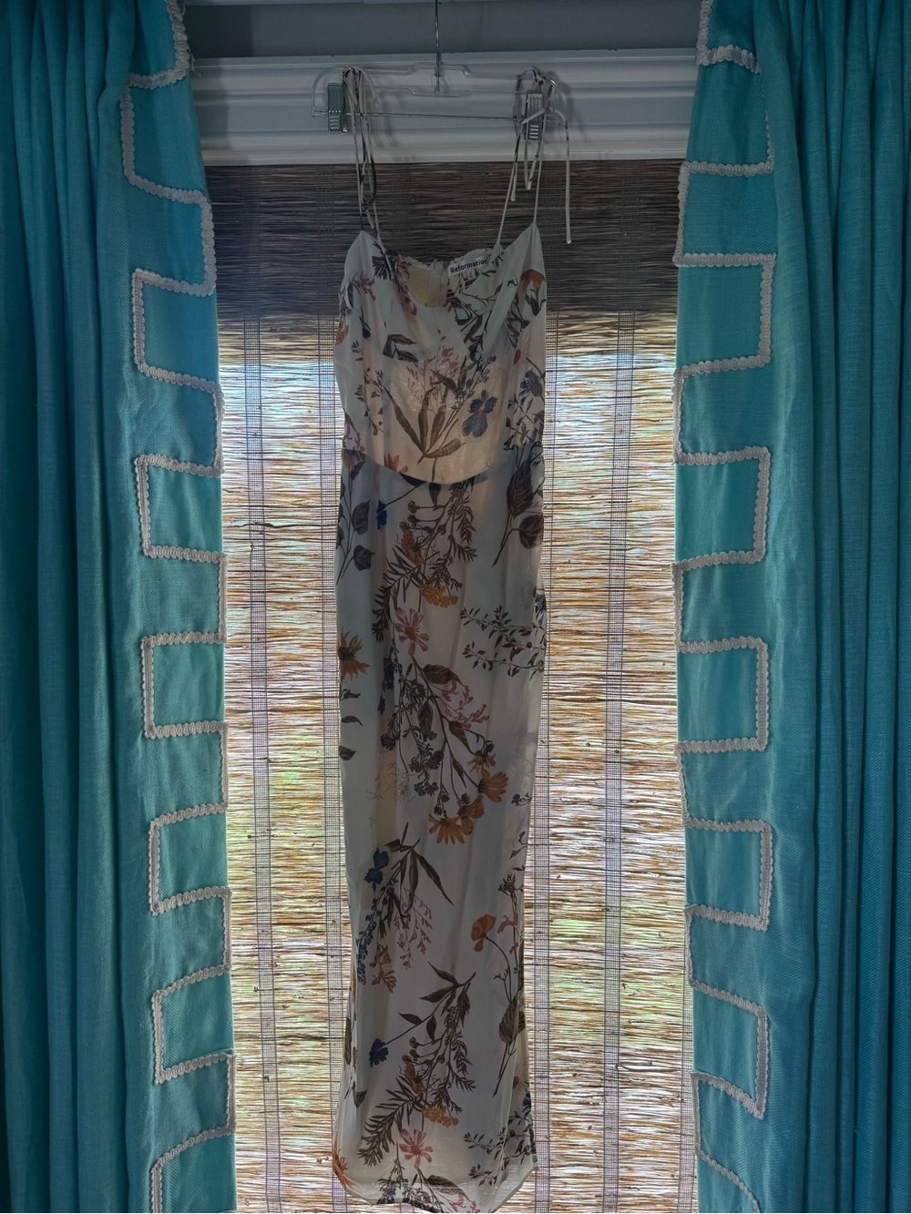 Reformation White Floral Slip Dress with Multicolor Botanical Print